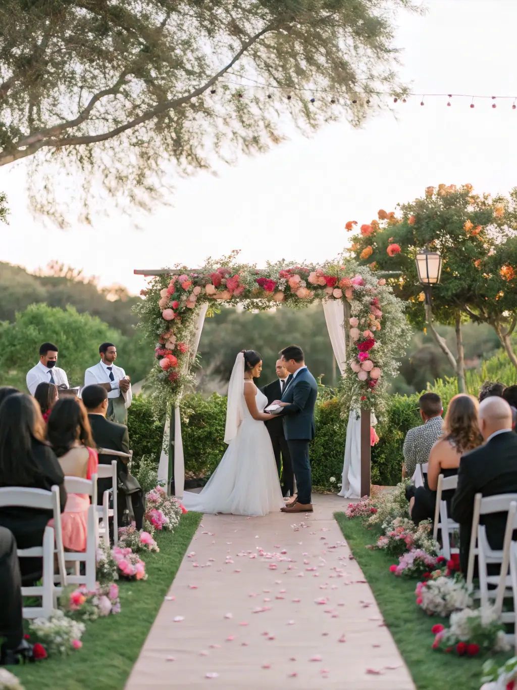 A vibrant and joyful wedding ceremony with a beautifully decorated floral arch, capturing the essence of a personalized wedding event planned by Oasis of Art.